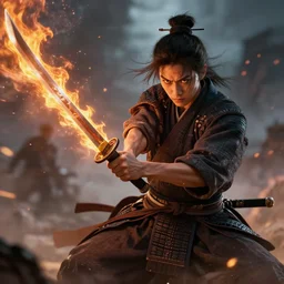 a samurai wielding his sword in flames, epic fantasy art, cinematic atmosphere, action, high detail, ultra realistic, hyper realistic, photo realistic, trending on artstation, deviantart, 4 k uhd