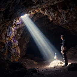 teleportation machine in a dark cave, light shining from the machine and illuminating the rock formations by marek okon and zack snyder, style of amethyst