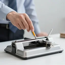 stock photo of a business man putting a pencil sharpener into a guillotine, professional stock imagery