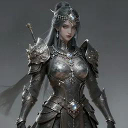 beautiful extremely detailed intricate concept art depicting a warrior by wlop. shining jewelry. grey atmosphere. particles in the background. bcy. net