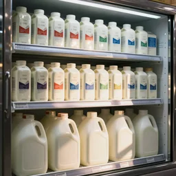 a grocery store refrigerator has pint cartons of milk on the top shelf, quart cartons on the middle shelf, and gallon plastic jugs on the bottom shelf.