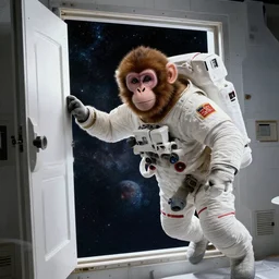 hyper realistic, space monkey and astronaut opening door that shows space and time created by davinci with extra detail, epic, golden ratio.