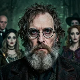 detailed portrait of bearded jemaine clement in circular wireframe glasses, cursed, disheveled man, magnificent, photographic realistic background, by james gilleard, by joe fenton, by kaethe butcher, trending on instagram, award winning details