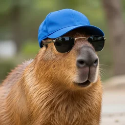 Capybara with Sunglasses And A Blue Cap, Photorealistic
