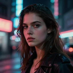 A hyper realistic and detailed head portrait photography of young brunette female of Blade Runner 2049 on a futuristic street. by David Dubnitskiy. Neo noir style. Cinematic. neon lights glow in the background. Cinestill 800T film. Lens flare. Helios 44m