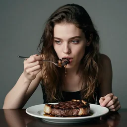 irina hakamada 7 0 years old eating steak, portrait by greg hildebrandt, studio lighting, muted colors, by terry richardson, by frank frazetta, extreme detail, reflections, trending on artstation, 8 k