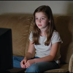 Home video footage, A girl sitting on the sofa watching TV, Color VHS picture quality with mixed noise, Filmed by dad.