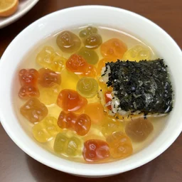 A soup of gummy bears and squished sushi