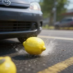 A lemon getting run over by a car, Dramatic camera shot, Realistic, Unreal engine 5,
