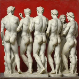 detailed white stone male statures's back lined up, oil paint, classic art, 1 6 century style, volume light, in the style of beksinski, parts by edward hopper, parts by rodcenko, parts by yue minjun, diego velazquez, intricate and epic composition, red by caravaggio, insanely quality, highly detailed, masterpiece, red light, artstation, 4 k