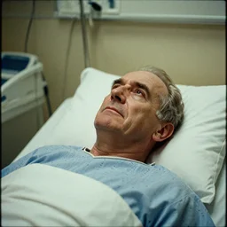 7 0 s movie still of a old man with a head on the chest in the hospital, cinestill 8 0 0 t 3 5 mm eastmancolor, heavy grain, high quality, high detail