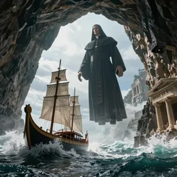 photograph with stylish lens effect, stylistic lighting, 1 9 8 0's sci - fi style, extremely epic, hyppereality, weta digital, octane render, a giant huge massive towering being in black pope robes floating next to a cliffside entrance to a cave alongside crashing dramatic ocean waves with sea foam and sea spray, an ancient greek trireme, cinema 4 d, volumetric lighting