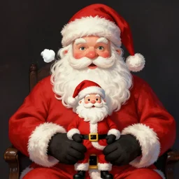 illustration of a small santa sitting in a bigger santa's lap by ian sprigger, artgerm, artstation, perfect faces, fine details