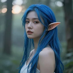 beautiful young Asian elf woman with elf ears and blue hair in a hazy forest at dusk, artwork by Artgerm