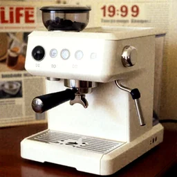 realistic photo of coffe machine, model equipment gadget, made of wood white clay and with black wires 1 9 9 0, life magazine report photo, natural colors, metropolitan museum collection