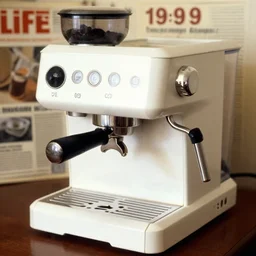 realistic photo of coffe machine, model equipment gadget, made of wood white clay and with black wires 1 9 9 0, life magazine report photo, natural colors, metropolitan museum collection