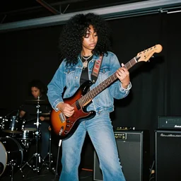 19-year-old black girl, African American girl, with long shaggy black hair, afro hair, wearing denim jacket and bell-bottom jeans, playing electric guitar, stoner metal concert, heavy blues rock, doom metal, 30mm photography