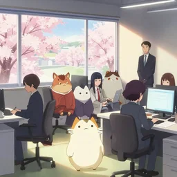 a group of yokai in a modern japanese office, alongside human office workers. sakura trees can be seen through window. late afternoon light. anime style art.