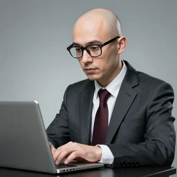 a nerd using an laptop, glasses, bald, suit, photography, highly defined features