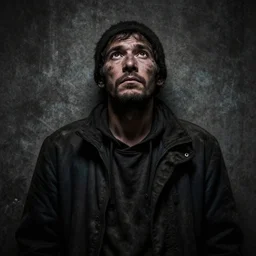 photo by lee jeffries, dark, man looking up, dirty, homeless