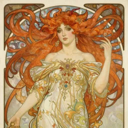 a demonic princess with flowing red hair painting by alphonse mucha, greg ruthowski, detailed, henry ascensio, craig mullins, intricate and detailed