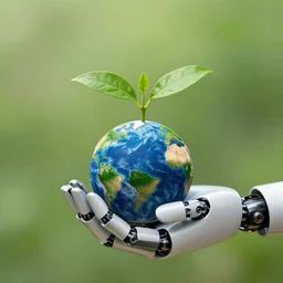 eco friendly robotic hand holding a little earth with a green plant
