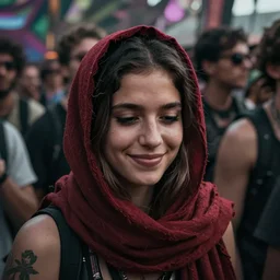 ultra high resolution close - up of a beautiful young woman standing in crowd of psytrance music festival, looking down at the camera. her face is partially obscured by a red scarf, and she has a smiling expression. the light is dim, and the colours are muted. kodak etkar 1 0 0.
