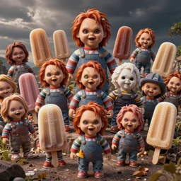 a large variety of ice cream popsicles shaped like screaming chucky dolls, octane render