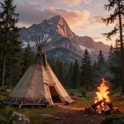 longhouse, campfire, teepee, very detailed, octane render, realistic, 8 k, unreal engine 5, dramatic, volumetric, trees,, majestic mountains, sunrise, beautiful clouds, greg rutkowski