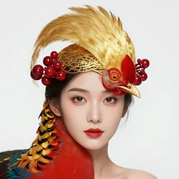 hyperrealistic detailed face portrait of the beautiful goddess of the golden pheasants with an intricate headgear of golden pheasant, red berries, leaves, field flowers, pears, apples, art by ernst haeckel, john william godward, android jones, h. r. giger, gothic - cyberpunk, ornamental,