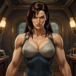 intense demeanor. close detailed digitally painted symmetrical portrait. ship interior bg. screenshot of a scene in metroid zero of pretty beautiful muscular woman by norman rockwell. character designed by hideaki anno. bodysuit. lustrous hair. lighting by james gurney. trending on artstation. masterpiece. artgerm mucha rutkowski.