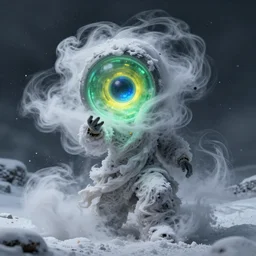 man made of swirling smoke and wind - blown snow, holding a green, yellow, and blue time travel portal, fantasy painting, highly detailed, octane render