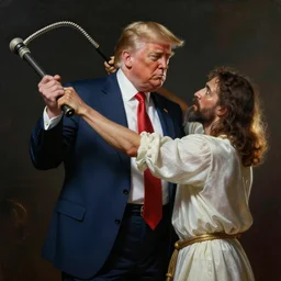 donald trump being beaten with a whip by an actor portraying jesus, photo