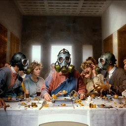 the last supper in gas masks, hyperrealistic, volumetric golden dappled dynamic lighting, highly detailed, sharp focus, by michael komarck, greg rutkowski
