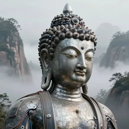 detailed cyborg buddha with intricated wires on the face, misty mountain, volumetric fog, perspective painting, atmospheric shot, in the style of greg rutkowski, artstation, 4 k,