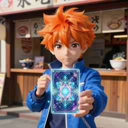 orange - haired anime boy, 1 7 - year - old anime boy with wild spiky hair, wearing blue jacket, holding magical technological card, futuristic effects, fractal card, magic card, in front of ramen shop, strong lighting, strong shadows, vivid hues, ultra - realistic, sharp details, subsurface scattering, intricate details, hd anime, 2 0 1 9 anime