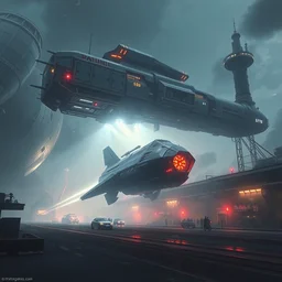 huge futuristic vehicle arriving at the spaceport, hyper detailed, cyberpunk, steampunk, digital art, artstation, cinematic lighting, studio quality, smooth render, by peter mohrbacher, hajime sorayama, wayne barlowe, boris vallejo, aaron horkey, gaston bussiere, craig mullins