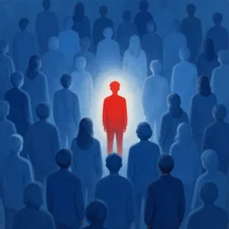 a red person inside a giant herd of blue people, symbolist, visionary, dreamlike