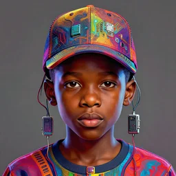 colourful caricature - vfx art - portrait of a nigerian boy wearing a baseball cap with wires and computer chips dangling from inside, art style by james jean & hsiao - ron cheng, character concept art, digital illustration, colourful, sharp, intricate detail, volumetric light, ray tracing, symmetric, unreal engine render, behance, artstation, pinterest,