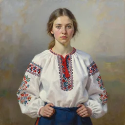 hyperrealism oil painting of ukrainian model in vyshyvanka shirt