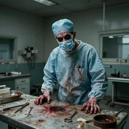 an insane doctor in an abandoned surgery theatre, dirty, old blood stains, rusted surgery tools, creepy twisted man in a surgical gown and mask, ominous vibe, creepypasta, abandoned places, high resolution photograph