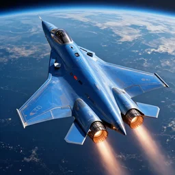 high detailed picture of a blue colored futuristic looking fighter jet space with active after burner, breaking the barrier to space, earth background, intricate detail, beautiful lighting, trending on artstation, 8 k