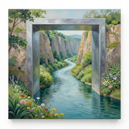 a painting of a river winding through a large metallic portal in a cliff valley garden with flowers and plants, a detailed matte painting by android jones :. 0 6, cgsociety :. 5, psychedelic art :. 2 5, detailed painting :. 1, greeble :. 5, biomorphic