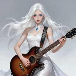 A beautiful mysterious girl with cobalt-blue eyes and silky white hair, guitar shape build, her wardrobe is attractive, full body, fantasy art, in the style of Turine Tran, illustration, epic art, fantasy, intricate, elgant, amazing detail, digital painting, artstation, concept art, smooth, sharp focus