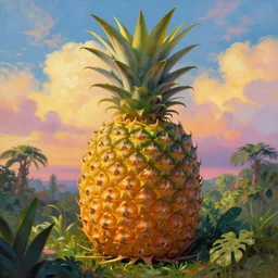 closeup, a giant pineapple head, girl surrounded by djungle, surreal photography, golden hour, colorful clouds, impressionist painting, digital painting, artstation, simon stalenhag
