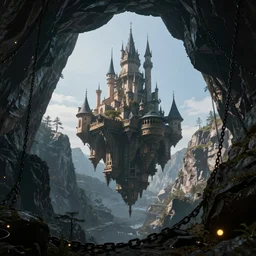 immense floating one castle in the middle of high mountains hanging by chains inside a gorge cave below only darkness, fireflies, clean sky, hight contrast, void, 8 k resolution, unreal engine 5, hyper - detailed, perspective view, 2 4 mm lens, by simon bisley, beeple, justin gerard