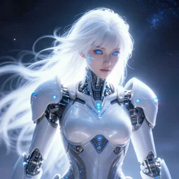 photo of a beautiful dani daniels on a mothership, android, warframe armor, pretty face, scifi, futuristic, galaxy, raytracing, dreamy, perfect, aura of light, pure, white hair, blue cyborg eyes, glow, insanely detailed, artstation, innocent look, art by gauthier leblanc, kazuya takahashi, huifeng huang