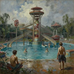 creepy and wet abandoned waterpark, oil on canvas, highly detailed, sharp focus, masterpiece painting, by ivan shishkin and aivazovsky