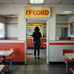 photograph of the interior of an abandoned fast food restaurant, person standing in a doorway taken by lilia alvarado