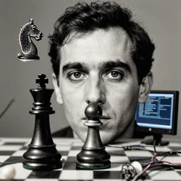 a photo collage mixing marcel duchamp's face with a chess piece and computer wires